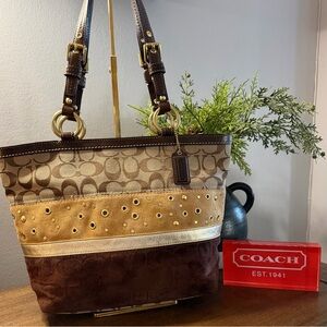 Coach Signature C & Suede Patchwork Shoulder Bag